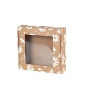 Pudelko z okienkiem z nadrukiem biale kwiatki 200x200x50 mm