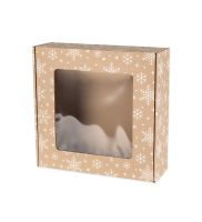 pudełko swiateczne fasonowe z okienkiem 300x300x100 mm z bialym nadrukiem sniezynki