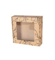 pudelko fasonowe z okienkiem 200x200x50 mm z czarnym nadrukiem kwiaty