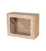 pudelko fasonowe z okienkiem 250x200x100 mm z bialym nadrukiem geometrycznym