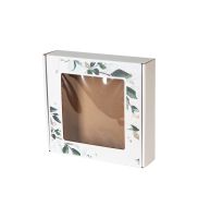 pudelko fasonowe z okienkiem bielone nadruk liscie 200x200x50 mm