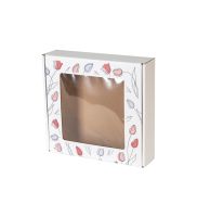 pudelko fasonowe z okienkiem bielone nadruk tulipany 200x200x50 mm