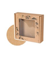pudelko fasonowe z okienkiem z otwartej fali nadruk liscie 200x200x50 mm