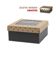 pudelko wieko-dno z okienkiem 200x200x100 mm z nadrukiem kropki + zlote kropki