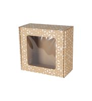 pudelko fasonowe z okienkiem 200x200x100 mm z bialym nadrukiem geometrycznym