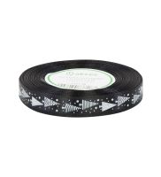 wstazka satynowa czarna z bialym nadrukiem choinki 12 mm