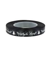 wstazka satynowa czarna z bialym nadrukiem wesolych swiat 12 mm