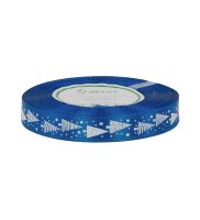 wstazka satynowa granatowa z bialym nadrukiem choinki 12 mm