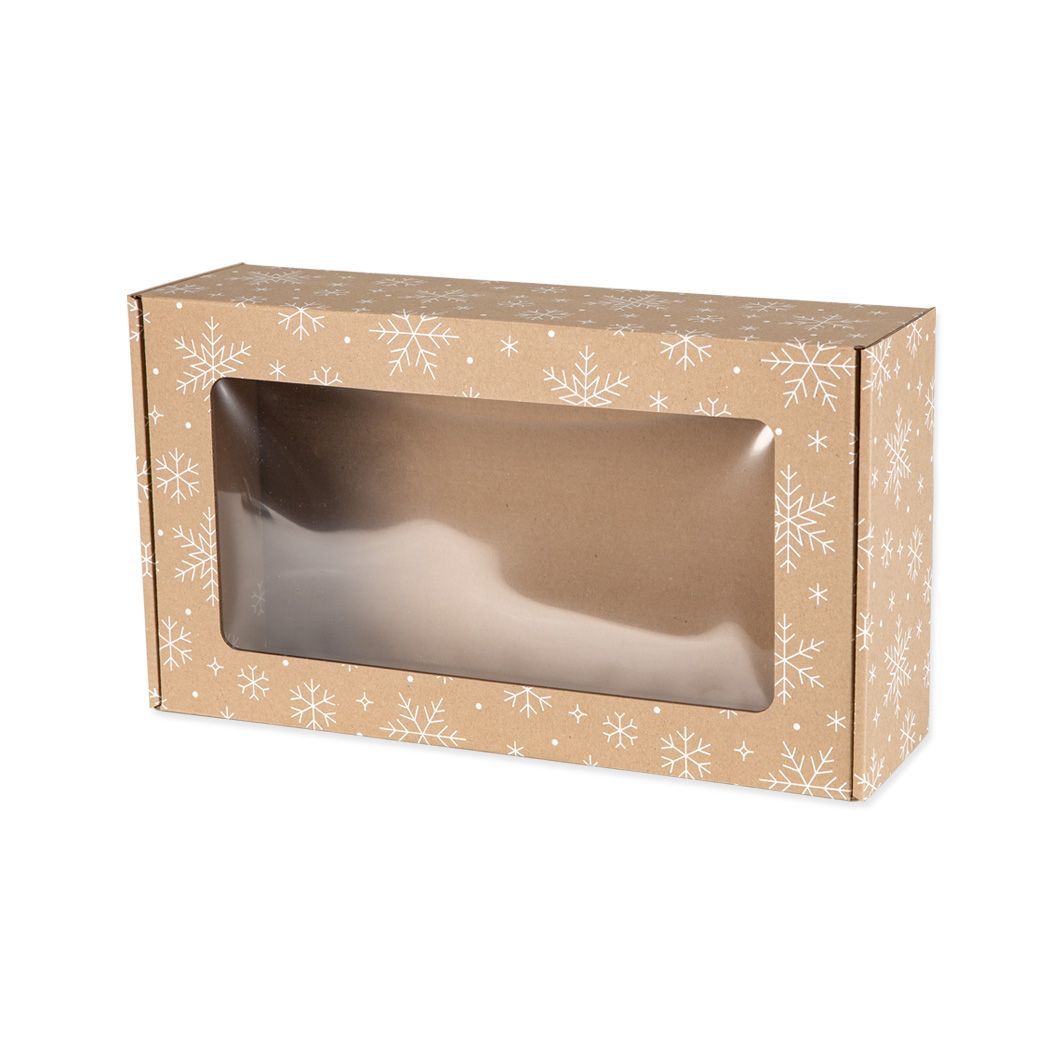 Pudełko świąteczne fasonowe z okienkiem 350x200x100 mm z białym nadrukiem ŚNIEŻYNKI