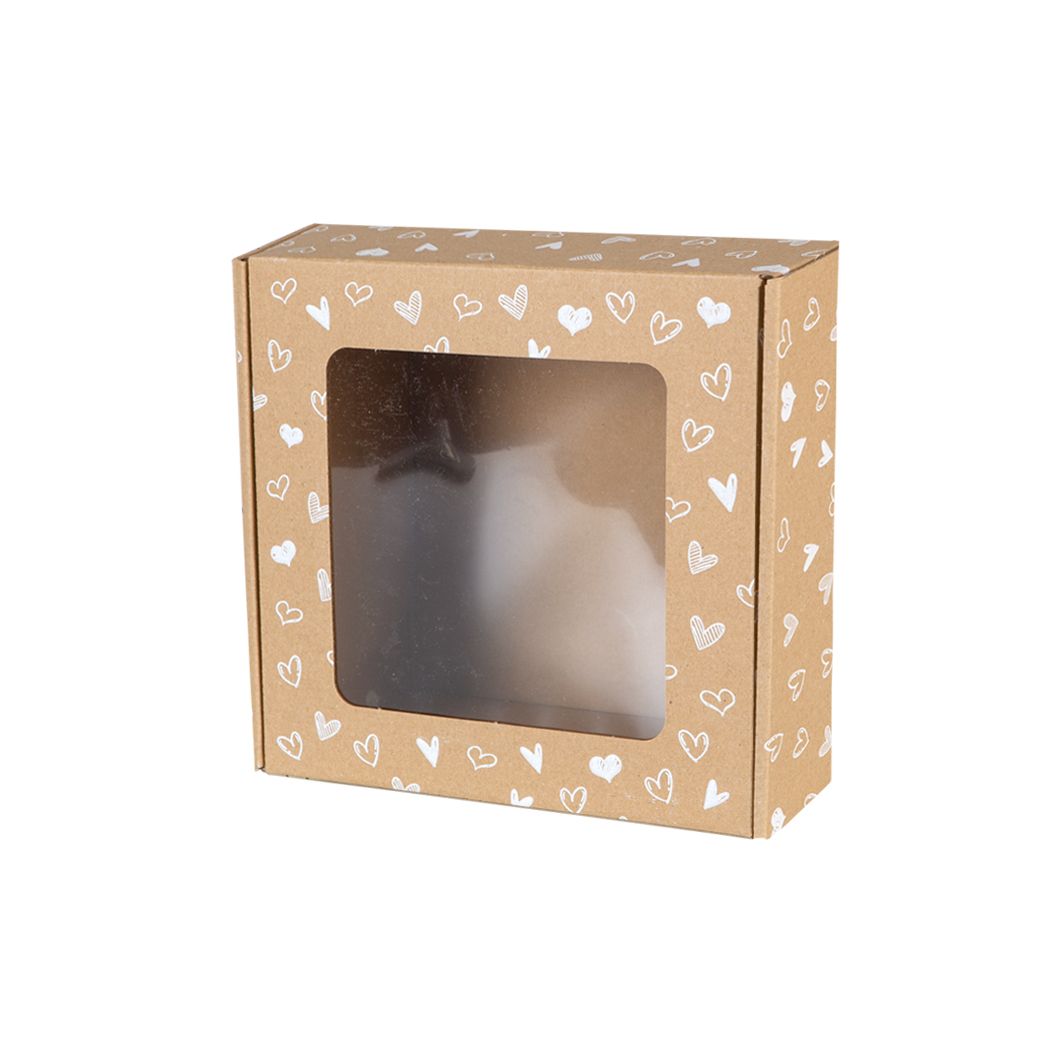 Pudełko fasonowe z okienkiem 200x200x50 mm z białym nadrukiem SERDUSZKA