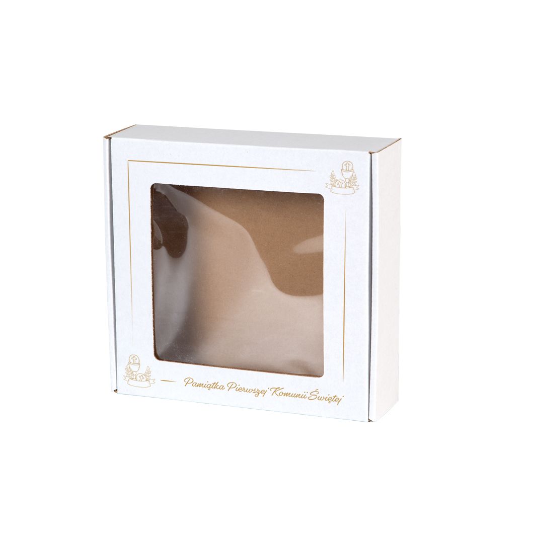 Pudełko fasonowe z okienkiem bielone z nadrukiem komunijnym 200x200x50 mm