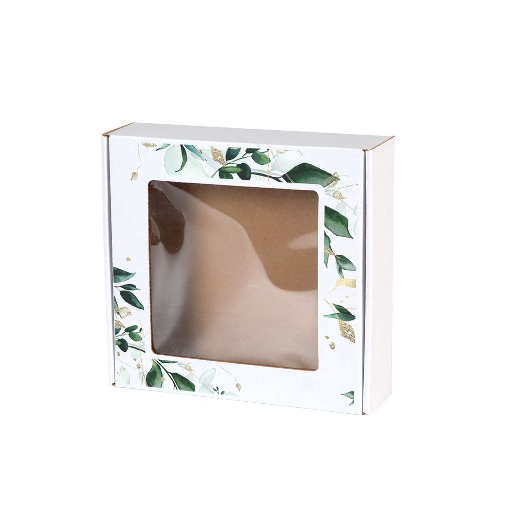 Pudełko fasonowe z okienkiem bielone nadruk liście 200x200x50 mm