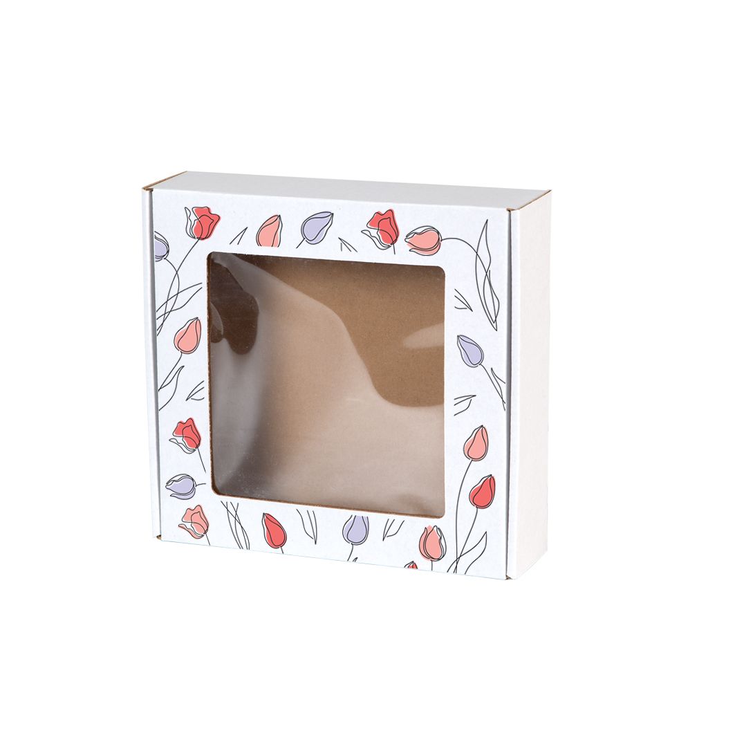 Pudełko fasonowe z okienkiem bielone nadruk tulipany 200x200x50 mm