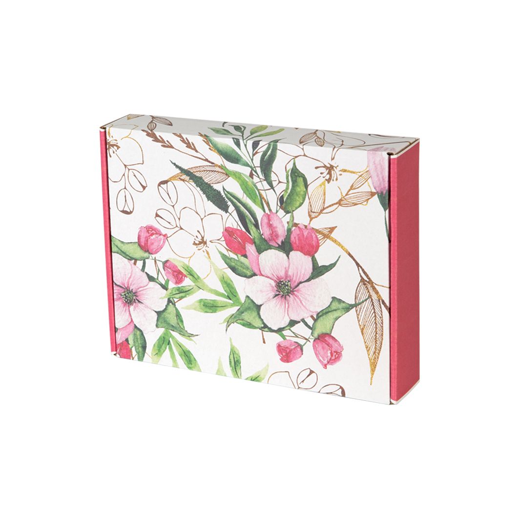 Pudełko fasonowe bielone nadruk różowe kwiaty 250x200x50 mm