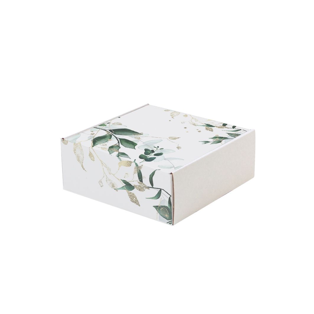 Pudełko fasonowe bielone nadruk liście 190x180x70 mm