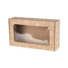 pudelko swiateczne fasonowe z okienkiem 350x200x100 mm z bialym nadrukiem sniezynki