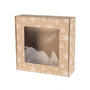 pudełko swiateczne fasonowe z okienkiem 300x300x100 mm z bialym nadrukiem sniezynki
