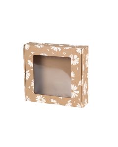 Pudelko z okienkiem z nadrukiem biale kwiatki 200x200x50 mm