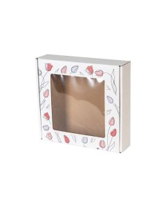 pudelko fasonowe z okienkiem bielone nadruk tulipany 200x200x50 mm