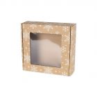 Pudełko świąteczne fasonowe z okienkiem 200x200x50 mm z białym nadrukiem ŚNIEŻYNKI