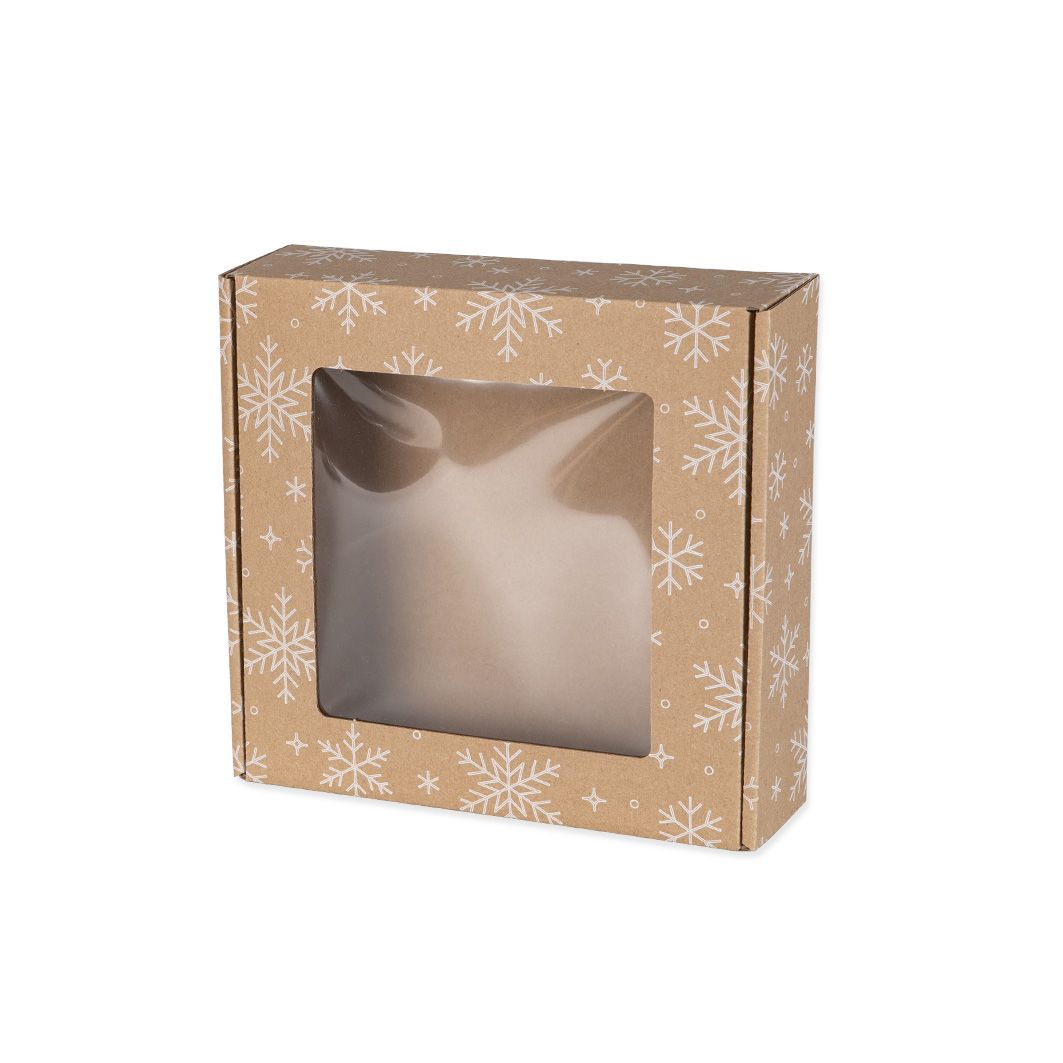 Pudełko świąteczne fasonowe z okienkiem 200x200x50 mm z białym nadrukiem ŚNIEŻYNKI