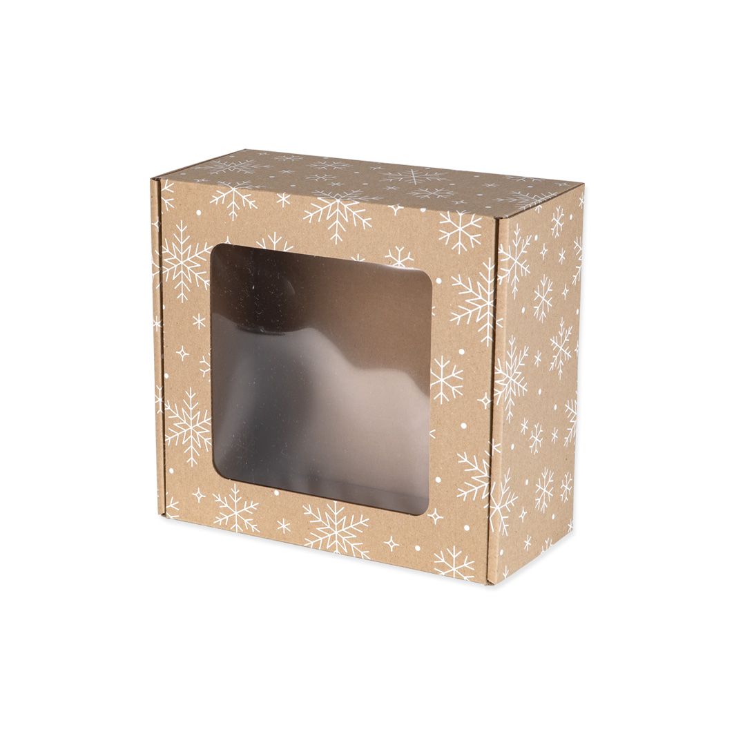 Pudełko świąteczne fasonowe z okienkiem 200x200x100 mm z białym nadrukiem ŚNIEŻYNKI