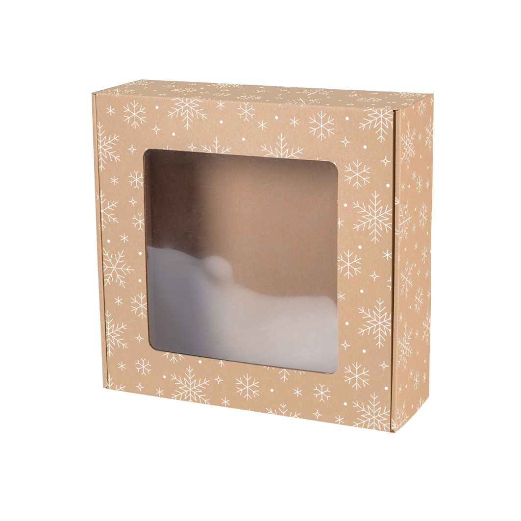 Pudełko świąteczne fasonowe z okienkiem 300x300x100 mm z białym nadrukiem ŚNIEŻYNKI